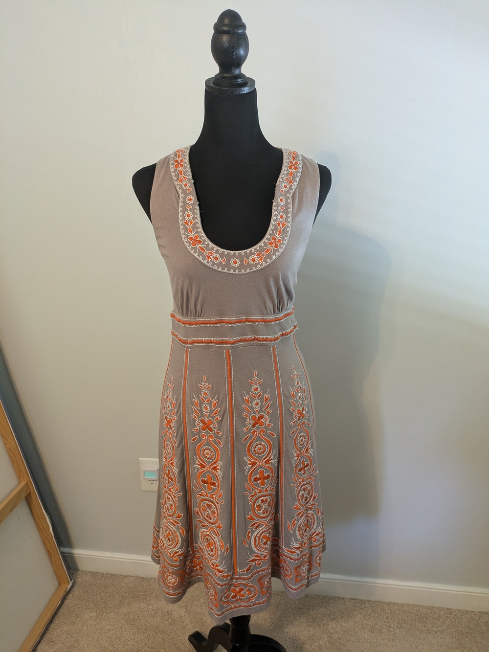 INC Taupe Midi Dress with Orange Embroidery Size M Sleeveless Pleats